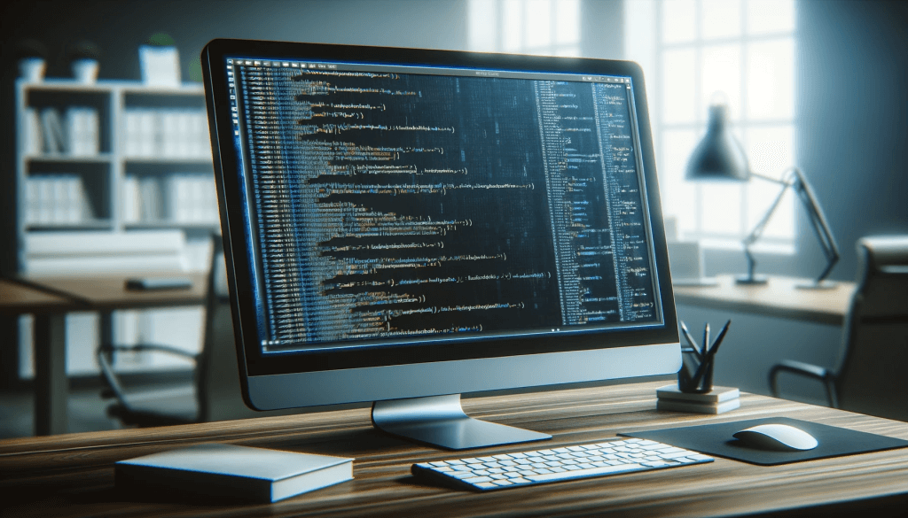 Computer monitor on a desk displaying lines of programming code, with a keyboard and mouse, in a professional tech workspace setting