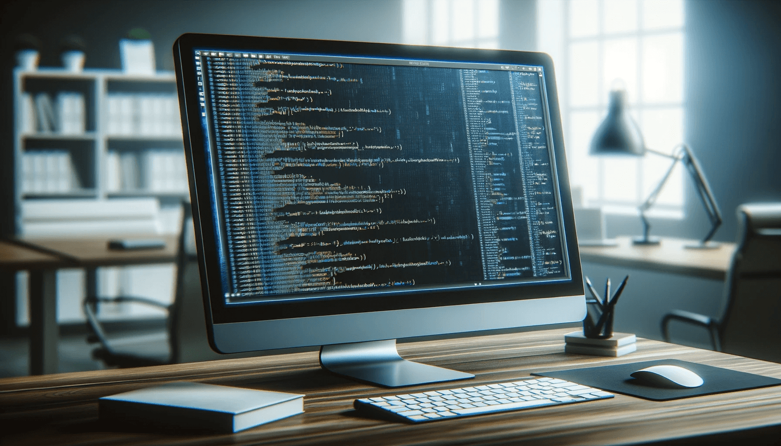 Computer monitor on a desk displaying lines of programming code, with a keyboard and mouse, in a professional tech workspace setting