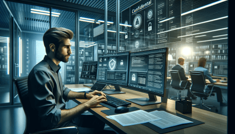 Professional individual working on confidential information in a secure office, with multiple encrypted computer screens and advanced security measures