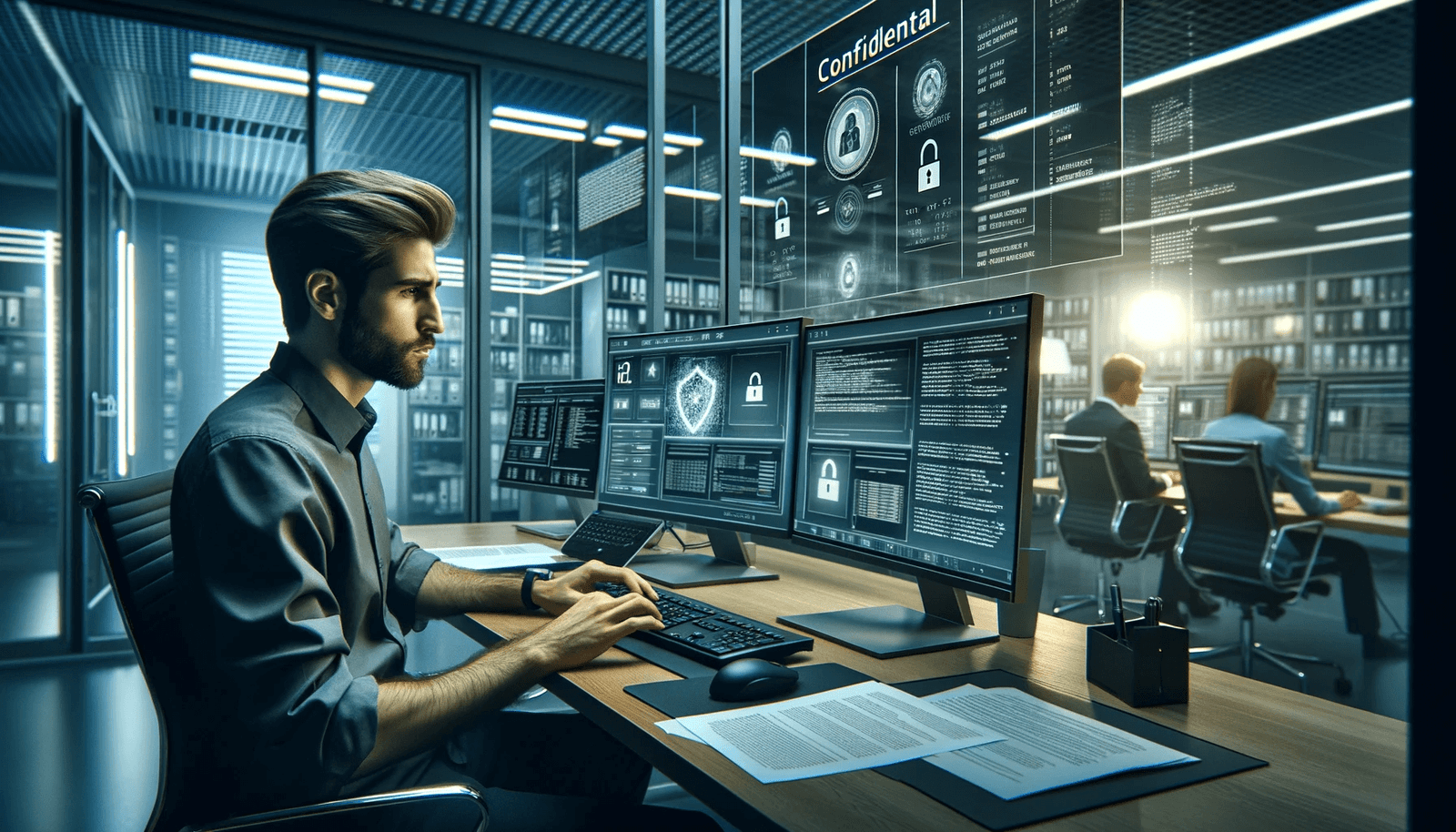 Professional individual working on confidential information in a secure office, with multiple encrypted computer screens and advanced security measures