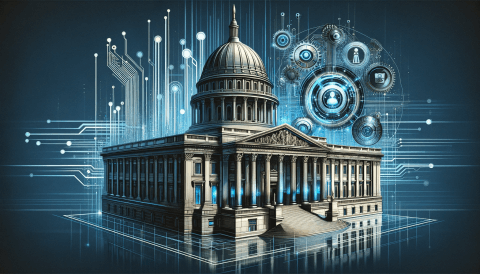 Conceptual illustration of a government building symbolizing regulation of artificial intelligence, merging classic architecture with futuristic digital elements like binary code and AI symbols, in dignified blues, greys, and metallic tones, reflecting a serious approach to AI governance.
