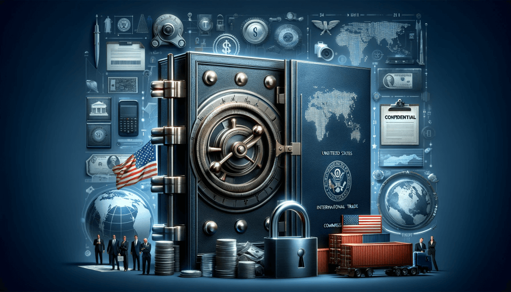 An elegant and professional image depicting elements of trade secret protection and international trade, featuring a locked vault, a document marked 'confidential', a world map, flags, and shipping containers, all encapsulated within a corporate and legal aesthetic.