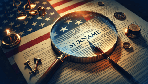 Legal document with magnifying glass focusing on blurred text, symbolizing the scrutiny of surname trademarks under U.S. law, with subtle U.S. legal symbols in the background