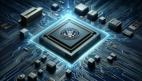 Professional featured image for a blog article, showcasing the USPTO's Semiconductor Technology Pilot Program. The image includes a detailed representation of semiconductor technology, such as a semiconductor chip or manufacturing device, with symbolic elements related to the USPTO, like their logo or an iconic building, in a sophisticated and technology-focused theme suitable for a professional audience