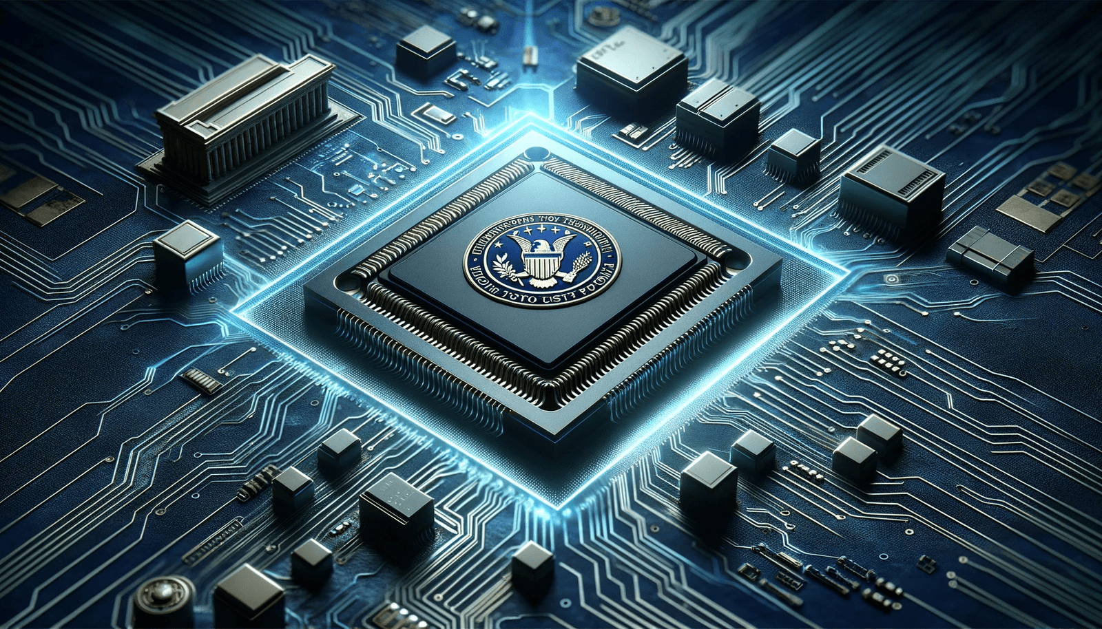 Professional featured image for a blog article, showcasing the USPTO's Semiconductor Technology Pilot Program. The image includes a detailed representation of semiconductor technology, such as a semiconductor chip or manufacturing device, with symbolic elements related to the USPTO, like their logo or an iconic building, in a sophisticated and technology-focused theme suitable for a professional audience