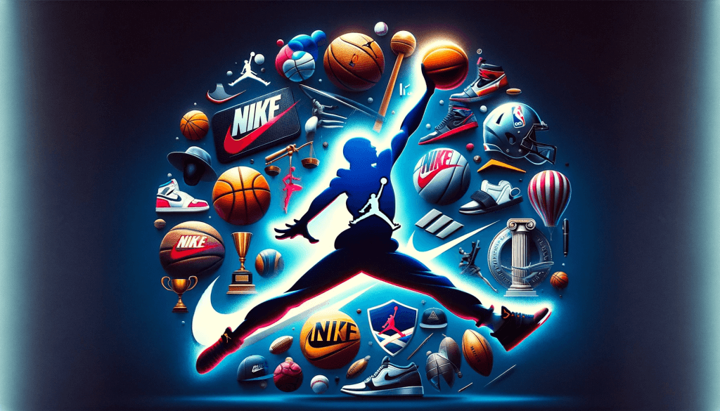 Featured image showcasing a collage of various iconic sports logos with a focus on the Jordan Jumpman logo by Nike, surrounded by other subtle sports logos, representing the diversity and competitiveness of the sports industry, designed for a blog post about sports brand identity and intellectual property rights.