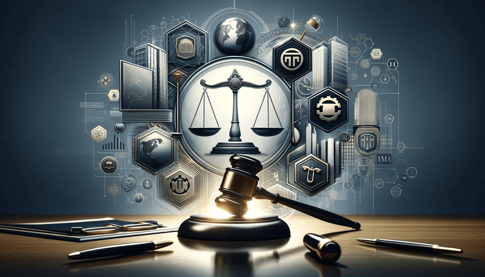 Professional and sophisticated image symbolizing trademark protection in business, featuring a balance of legal and corporate elements such as a gavel, shield, balance scale, skyscrapers, and a globe, in an elegant color scheme of blue, grey, and gold.