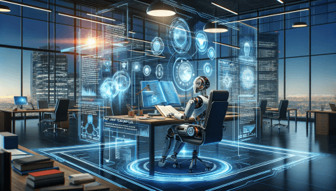 Futuristic office with AI technology, featuring a robot at a desk surrounded by holographic displays of patent documents and legal texts, set against a modern city skyline