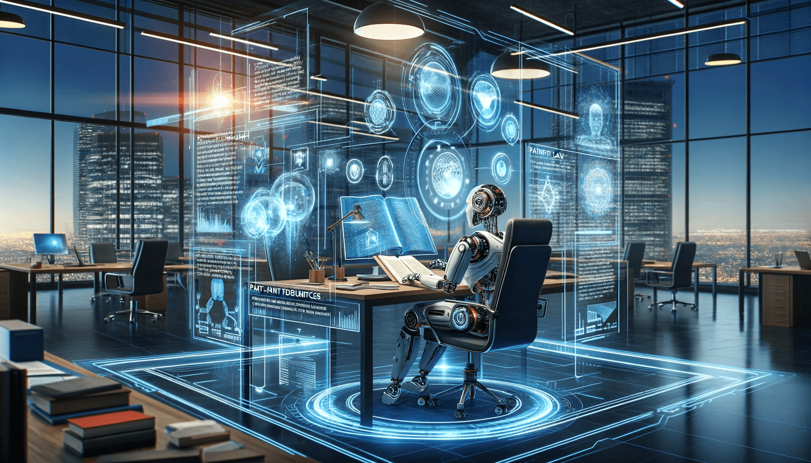 Futuristic office with AI technology, featuring a robot at a desk surrounded by holographic displays of patent documents and legal texts, set against a modern city skyline