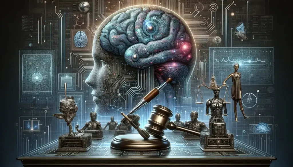 An illustrative composition showcasing the juxtaposition of traditional legal symbols, including patents and gavels, with futuristic elements like AI brains and digital circuitry, symbolizing the revival and potential strategic importance of prior user rights defense in the era of emerging technologies such as AI, against the backdrop of the America Invents Act (AIA) reforms.