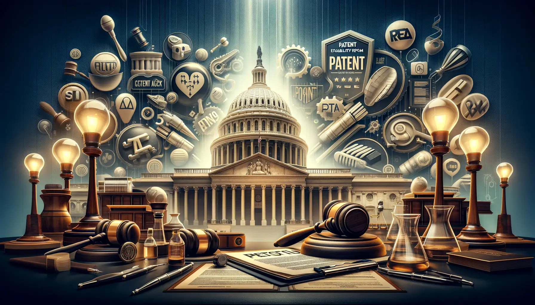 Visual representation of the Patent Eligibility Reform Act (PERA) of 2023, featuring the Capitol Building, a gavel, patent documents, and technology icons, symbolizing a significant step towards clarifying the U.S. patent system and legal reform