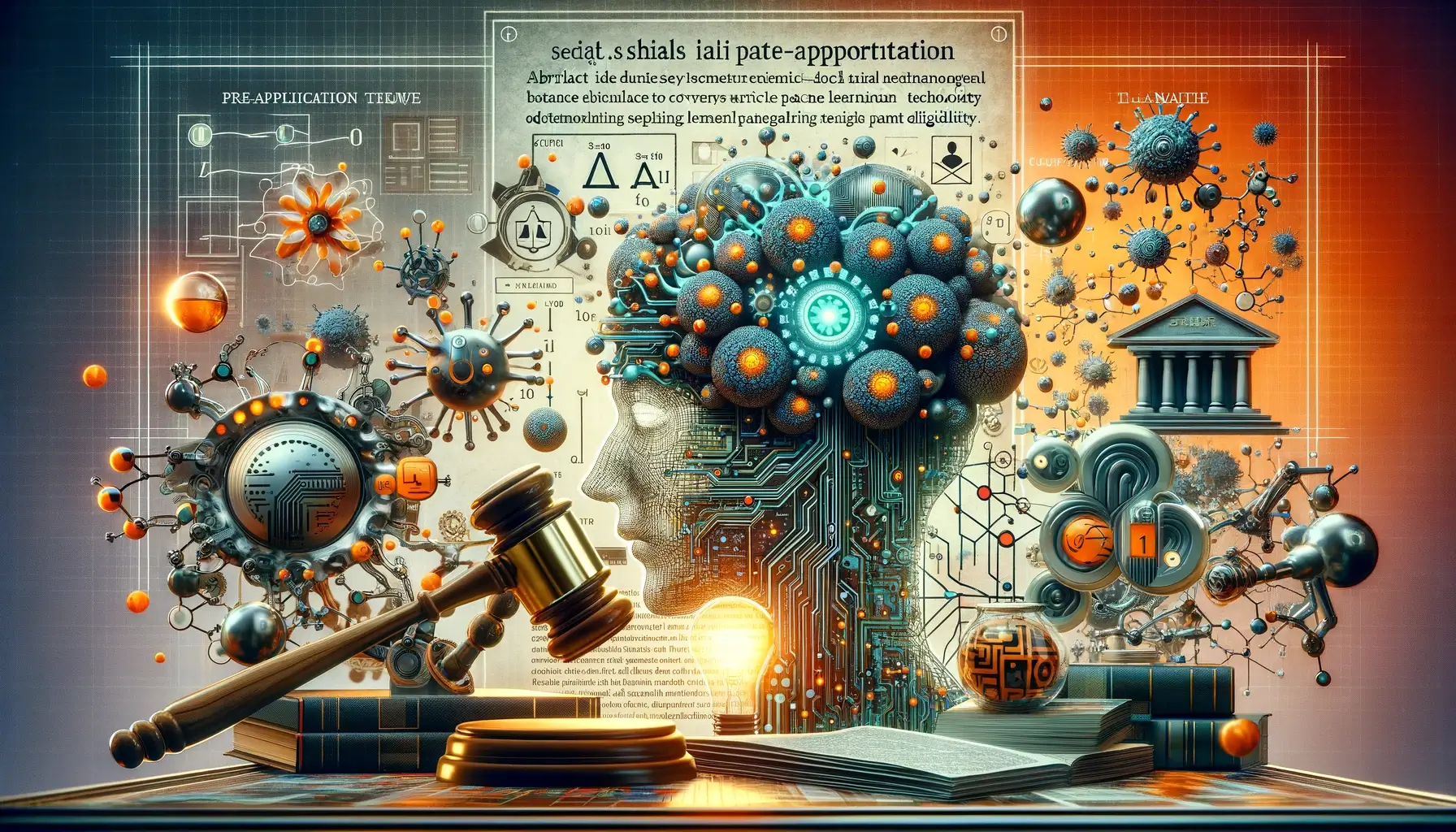 An illustrative scene highlighting the legal challenges in AI technology patent applications, featuring symbolic representations of AI technologies, such as neural networks, alongside legal symbols and documents. The image underscores the significance of overcoming Section 101 hurdles and the Alice test for patent eligibility through strategic pre-application measures.