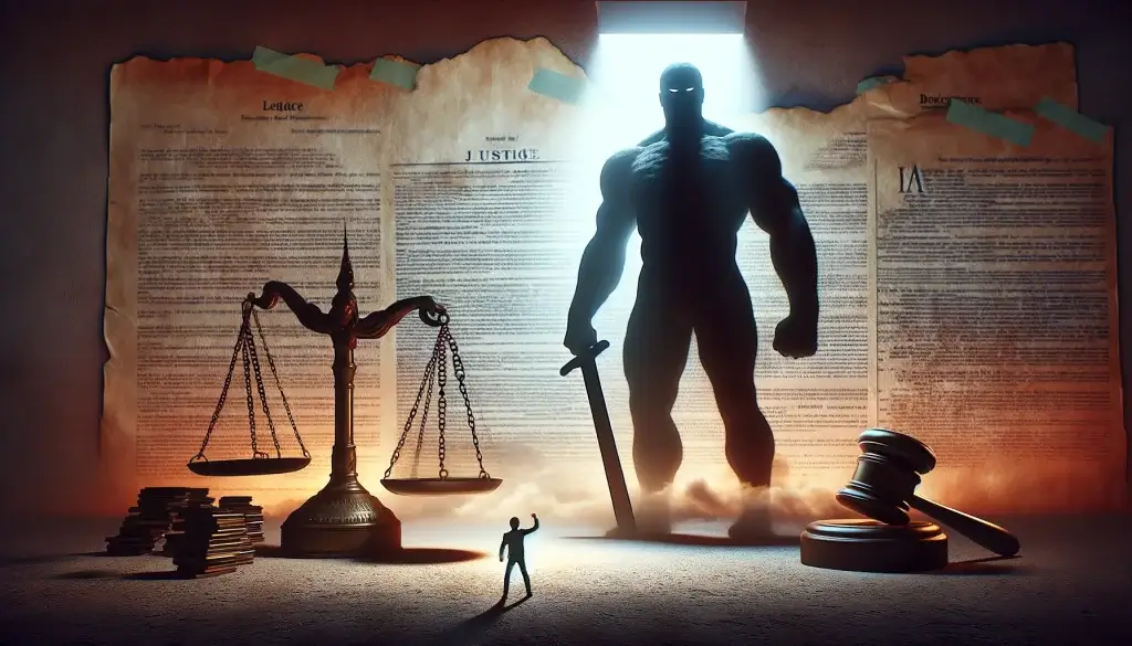 An abstract representation of trademark bullying, depicting a small business standing resilient against the looming shadow of a large corporation, symbolized by scales of justice and trademark symbols in the background, illustrating the David vs. Goliath battle in intellectual property rights.