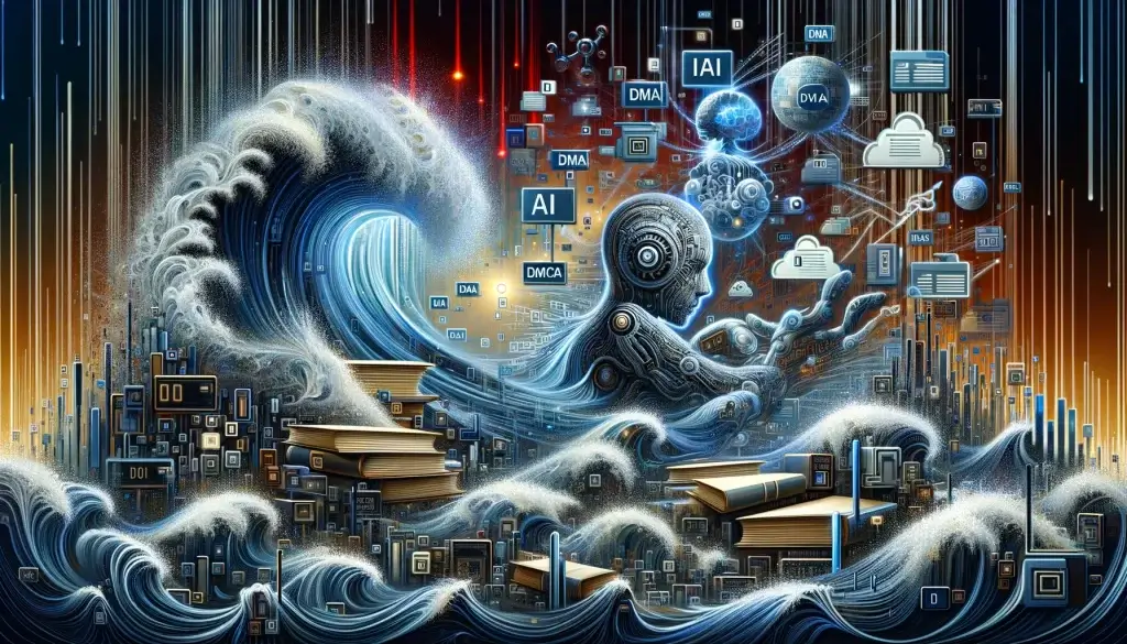 An impactful image illustrating the conflict between traditional copyright protection mechanisms, represented by DMCA notices, and the overwhelming surge of AI-driven content on social media platforms. The visual narrative contrasts legal documents being engulfed by digital waves, AI entities, and binary codes, symbolizing the flood of copyright challenges in the digital age and the urgent need for a new, adaptable legal framework