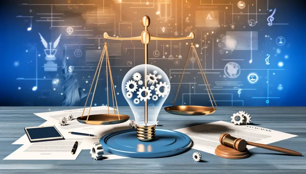 Abstract representation of avoiding disputes over workplace inventions with legal documents, a balance scale, and American legal symbols in a professional color scheme of blues, golds, and whites