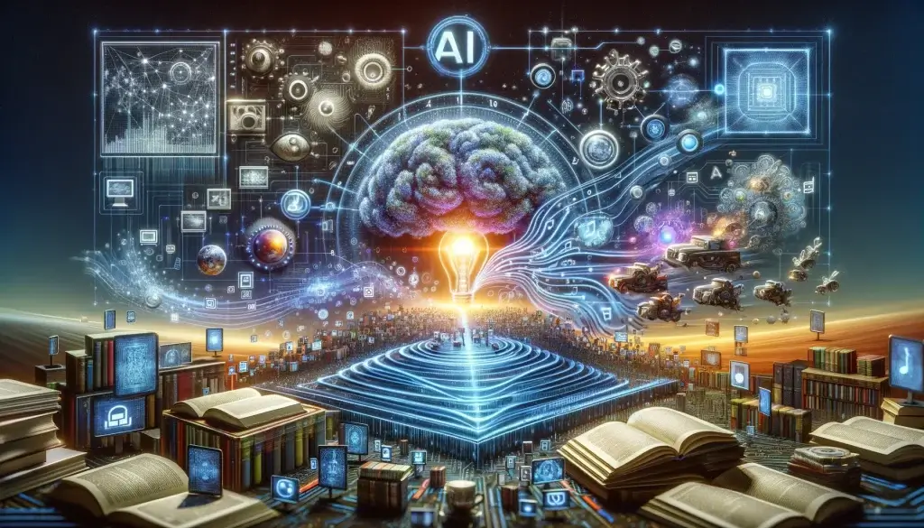 Digital landscape showcasing AI algorithms interacting with copyrighted materials such as books, music notes, and film reels, all within a legal framework, highlighting the challenges and discussions in copyright law and AI integration