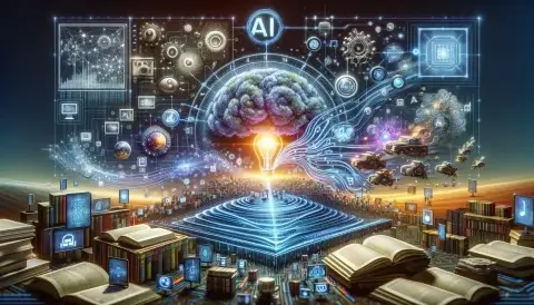 Digital landscape showcasing AI algorithms interacting with copyrighted materials such as books, music notes, and film reels, all within a legal framework, highlighting the challenges and discussions in copyright law and AI integration