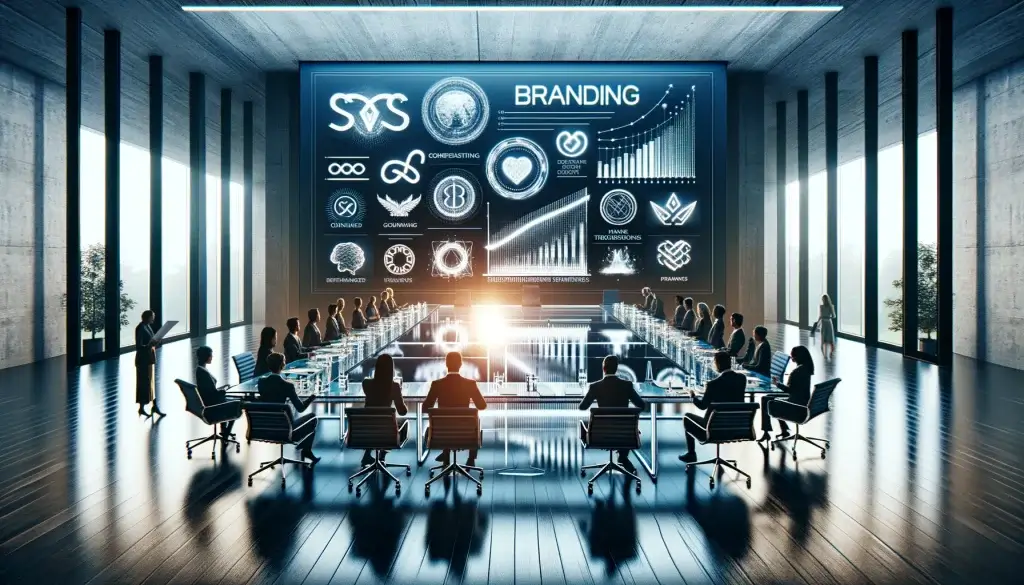 Modern branding strategy session with professionals discussing around a conference table, showcasing logo designs and unique brand marks on materials, with a focus on a screen illustrating innovative versus traditional branding strategies.