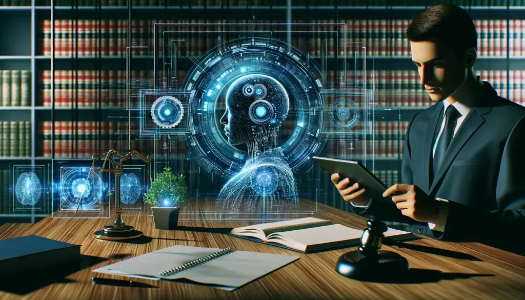 A futuristic legal office with a professional analyzing AI-generated content on a digital tablet, surrounded by legal documents and data visualizations on screens, highlighting the intersection of AI technology and legal challenges