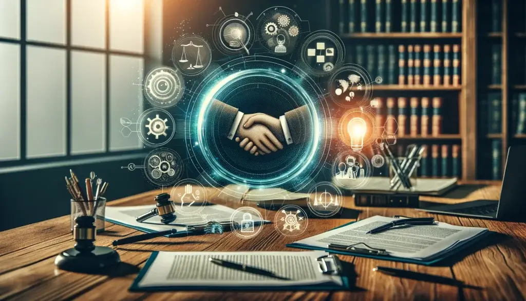 Professional featured image showing a productive dialogue between a patent applicant and examiner, with a magnifying glass over patent documents, a handshake, and visual aids like charts and diagrams in an office setting