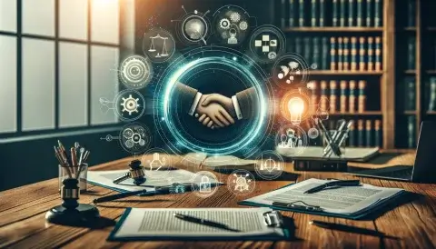 Professional featured image showing a productive dialogue between a patent applicant and examiner, with a magnifying glass over patent documents, a handshake, and visual aids like charts and diagrams in an office setting