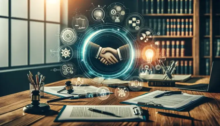 Professional featured image showing a productive dialogue between a patent applicant and examiner, with a magnifying glass over patent documents, a handshake, and visual aids like charts and diagrams in an office setting