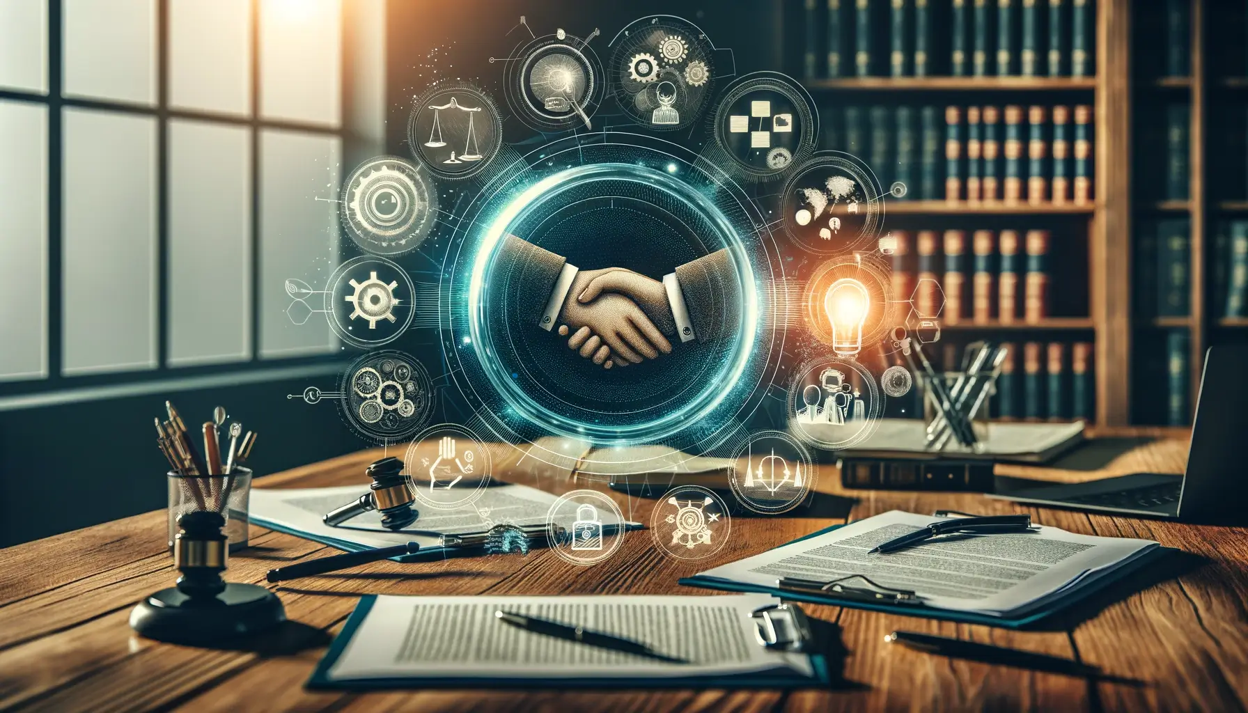 Professional featured image showing a productive dialogue between a patent applicant and examiner, with a magnifying glass over patent documents, a handshake, and visual aids like charts and diagrams in an office setting