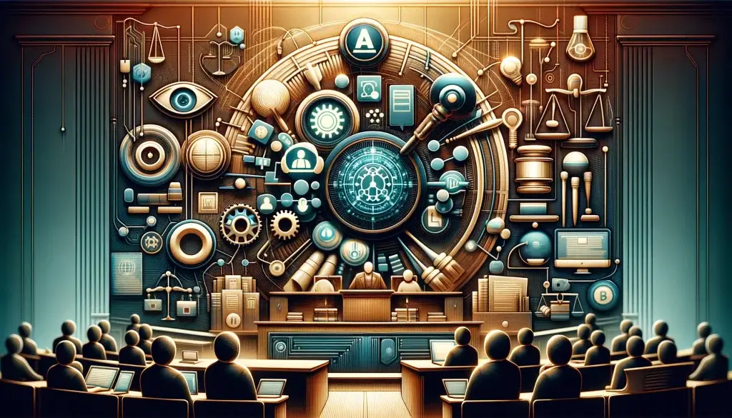 Digital artwork showcasing the integration of generative AI in the legal field, with symbols representing legal documents, AI algorithms, and courtroom settings, emphasizing the balance between innovation and regulation.