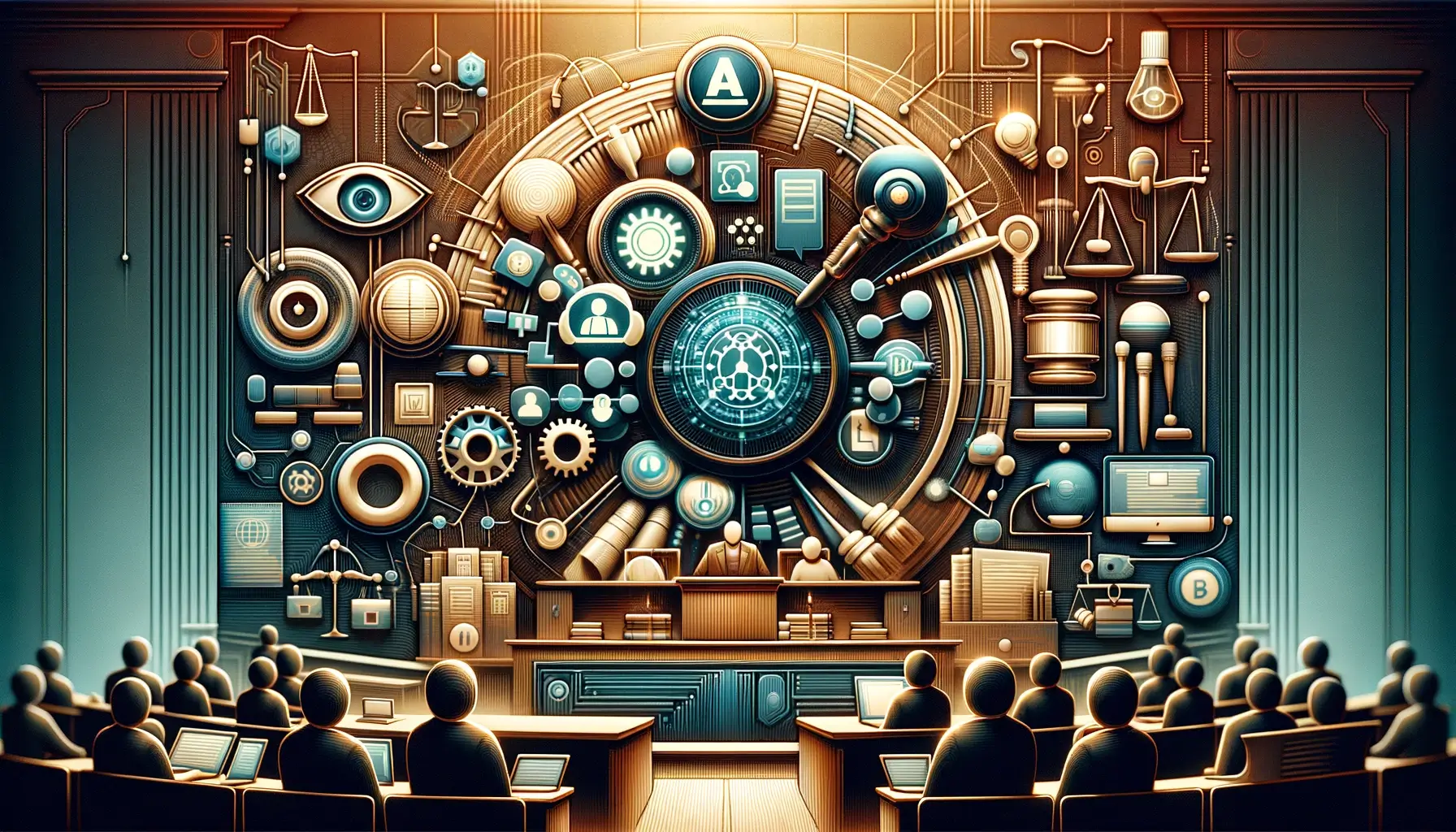 Digital artwork showcasing the integration of generative AI in the legal field, with symbols representing legal documents, AI algorithms, and courtroom settings, emphasizing the balance between innovation and regulation.