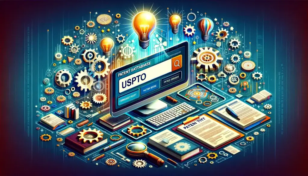 Digital illustration showcasing the USPTO patent search interface with complex queries, surrounded by patent documents and innovation symbols like light bulbs and gears, representing the technique of searching through the patent database efficiently