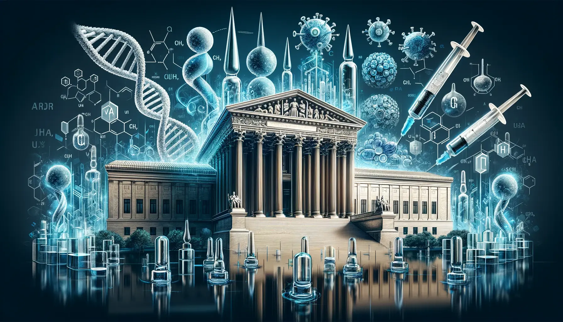 An illustrative depiction of the US Supreme Court building alongside monoclonal antibodies and patent documents, symbolizing the intersection of biotechnology and legal guidelines in the context of the Amgen Inc. vs. Sanofi patent enablement case.