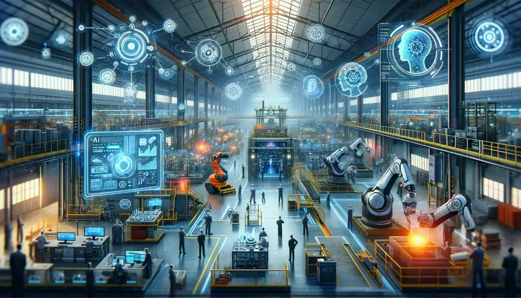 Futuristic manufacturing factory integrating artificial intelligence and robotics, with workers and machines collaborating to improve efficiency and quality, emphasizing the importance of intellectual property management and accountability in AI integration