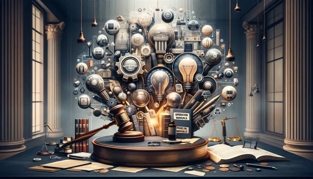An artistic representation blending elements of law and technology, featuring a gavel, legal books, operation manuals, and technological devices, symbolizing the courtroom decision on the eligibility of operation manuals as prior art in patent law.