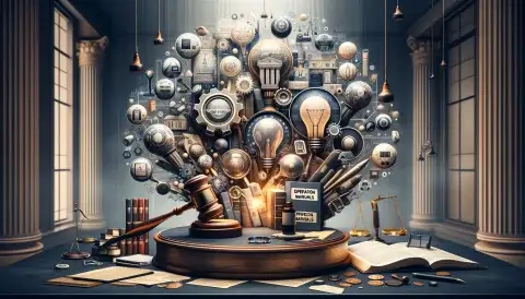 An artistic representation blending elements of law and technology, featuring a gavel, legal books, operation manuals, and technological devices, symbolizing the courtroom decision on the eligibility of operation manuals as prior art in patent law.