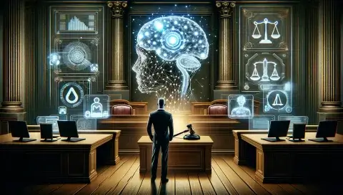 An illustrative depiction of the intersection between generative AI and the legal industry, showing a balanced courtroom scene with futuristic AI elements on one side, including a glowing digital brain and screens displaying legal data, and traditional legal symbols such as a gavel, law books, and the Scales of Justice on the other. A figure of a lawyer stands in the middle, symbolizing careful contemplation of integrating AI into legal practices