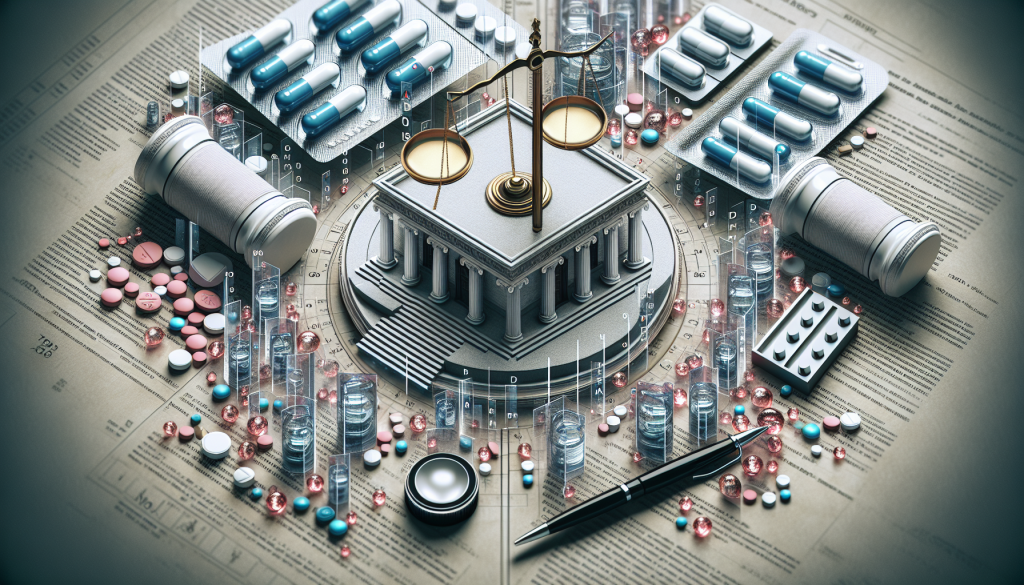 Patent law showing a medical dosage patent concept with a gavel and pharmaceutical research elements, symbolizing legal considerations in drug development innovation