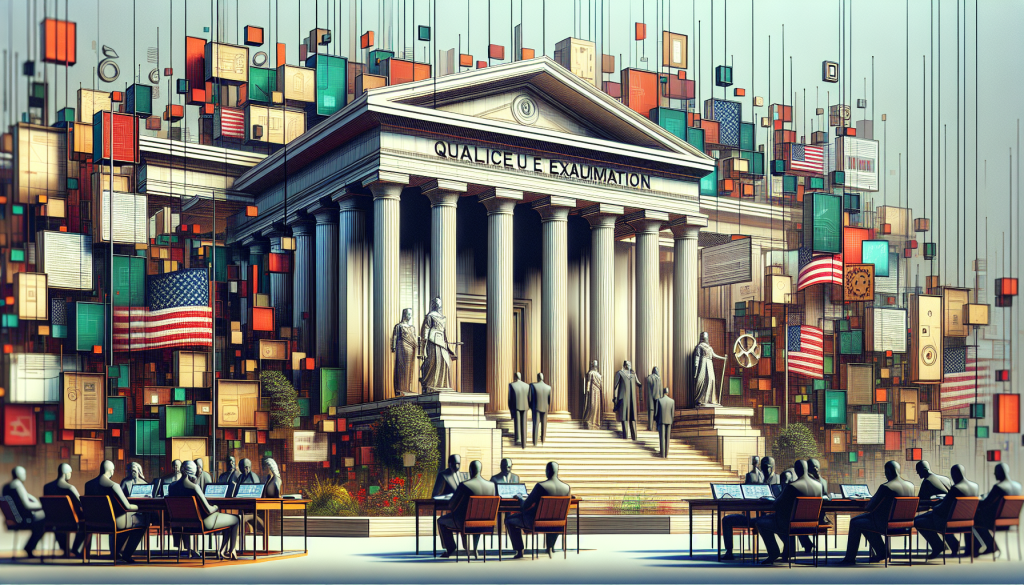 USPTO特許審査の問題点を説明する文書のイメージ、データグラフと統計、特許審査官の作業風景が合成された図解