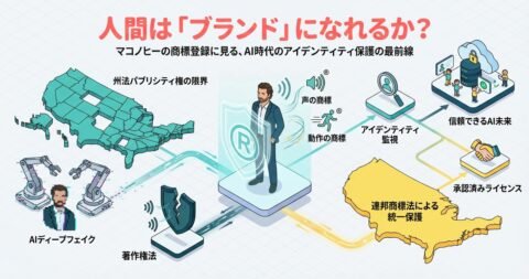 マシュー・マコノヒーの名前が記されたブランド商標登録証のイメージと、AIデジタル回路が背景に広がるコンセプト画像。