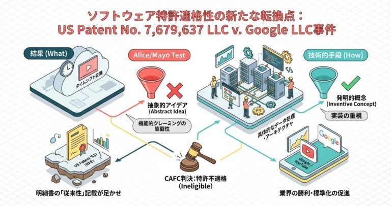 連邦裁判所の法廷でソフトウェア特許の適格性をめぐる訴訟が審理されている様子を示すイメージ画像